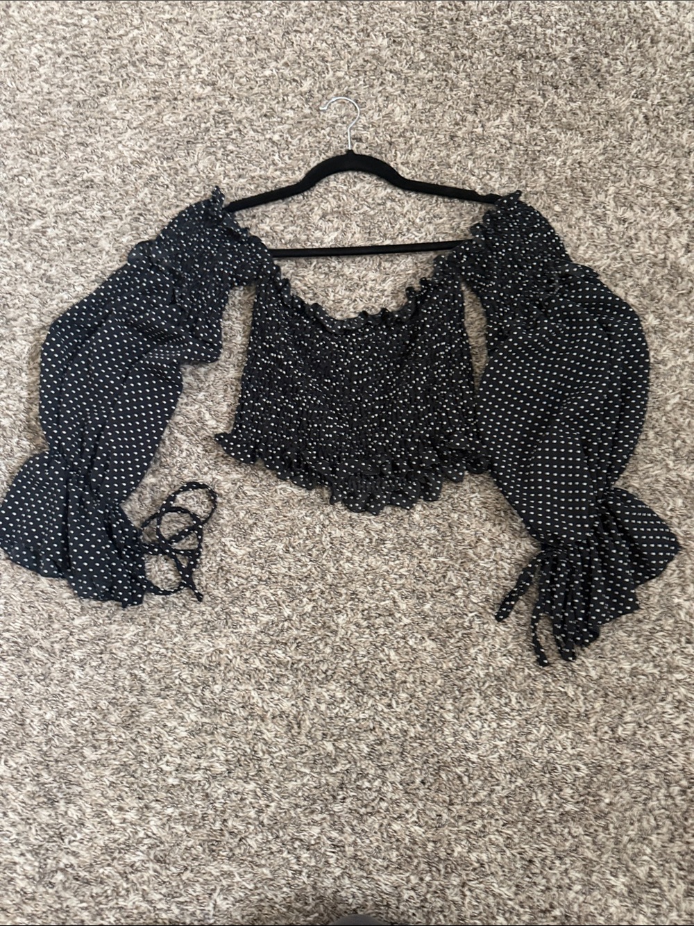 Nasty Gal Black Polka Dot Smocked Off-Shoulder Crop Top